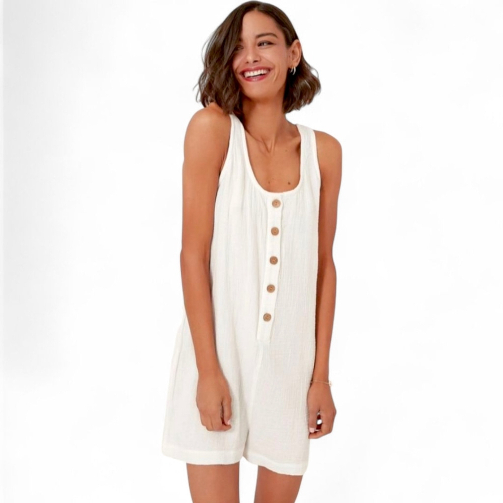 FAHERTY Dream Organic Cotton Gauze Jamsport Beach Romper White Sz M